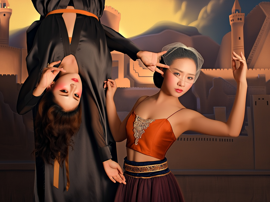 1个女孩独奏，倒三角脸，芭蕾舞发髻，看看观众, 美丽的脸蛋, 丝绸衣服, 薄纱连衣裙, 围裙, 抹胸, 腰带, 头纱, 橙色无袖上衣, 下摆宽松裙子, 敦煌背景, 悲伤的眼睛, 忧郁的神情, 郁闷的心情, 眼含泪水, 展望未来, 优柔寡断,精致迷人，可爱，仙女降临，逼真